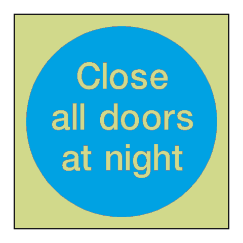 Close All Doors At Night Photoluminescent Sticker | Safety-Label.co.uk