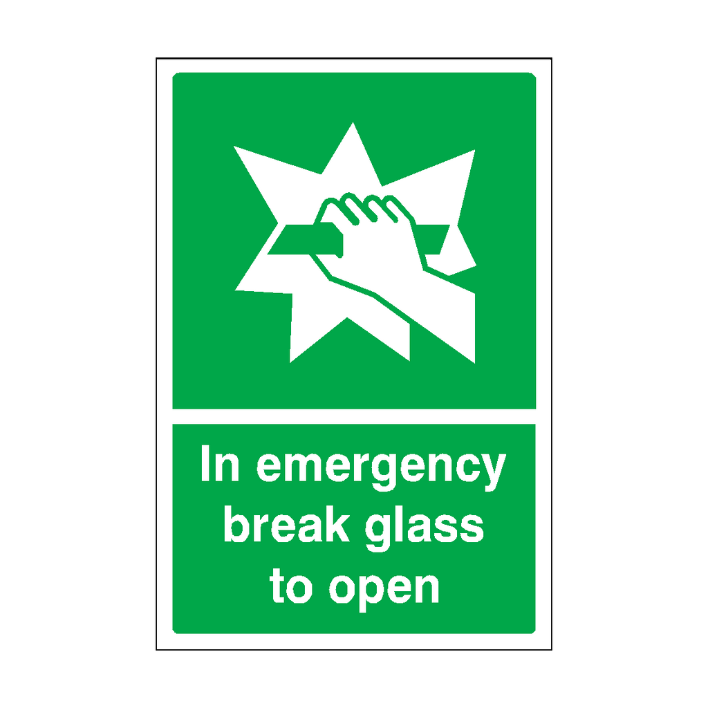 In Emergency Break Glass To Open Sticker | Safety-Label.co.uk